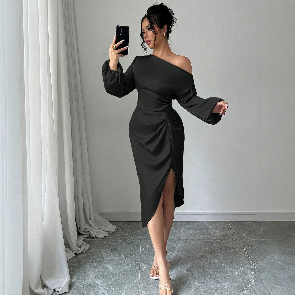 Off Shoulder Long Sleeve Dress With A Slanted Neckline – Premium 0 | RICALOUX