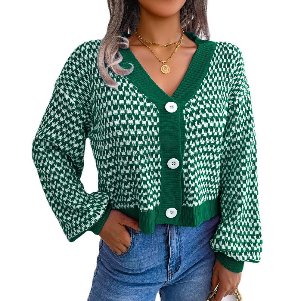 Autumn Winter European And American-style Color-block Plaid Cardigan Sweater With Puff Sleeves – Premium 0 | RICALOUX