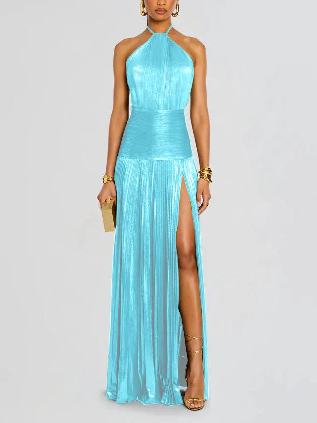 Sexy Pleated Halter Neck Long Dresses Summer Split Sleeveless Dress Evening Party Club Women's Clothing by Ricaloux