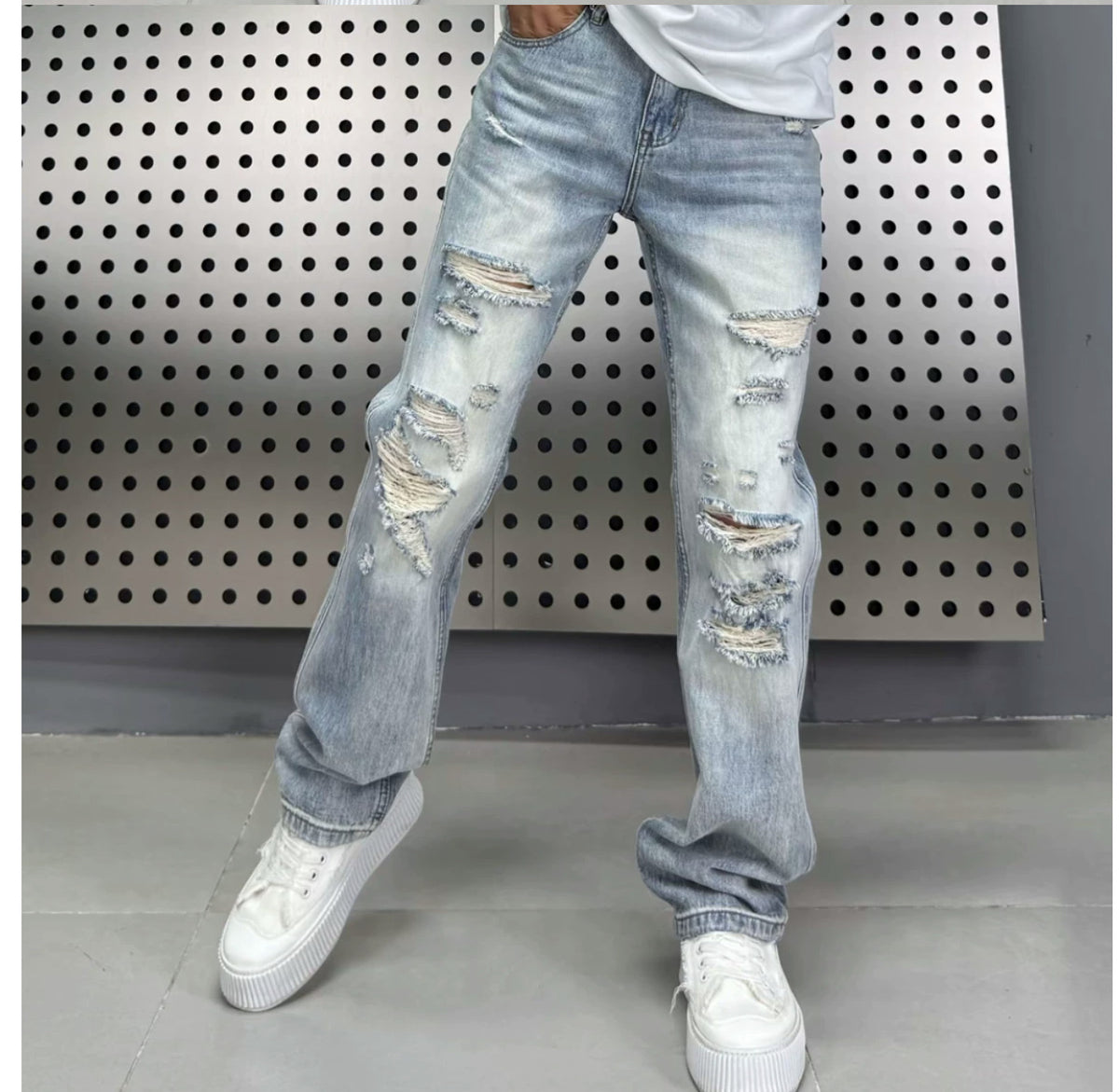 Fumei Personalized Perforated Design Denim Casual Versatile High Street Straight Leg Pants by Ricaloux
