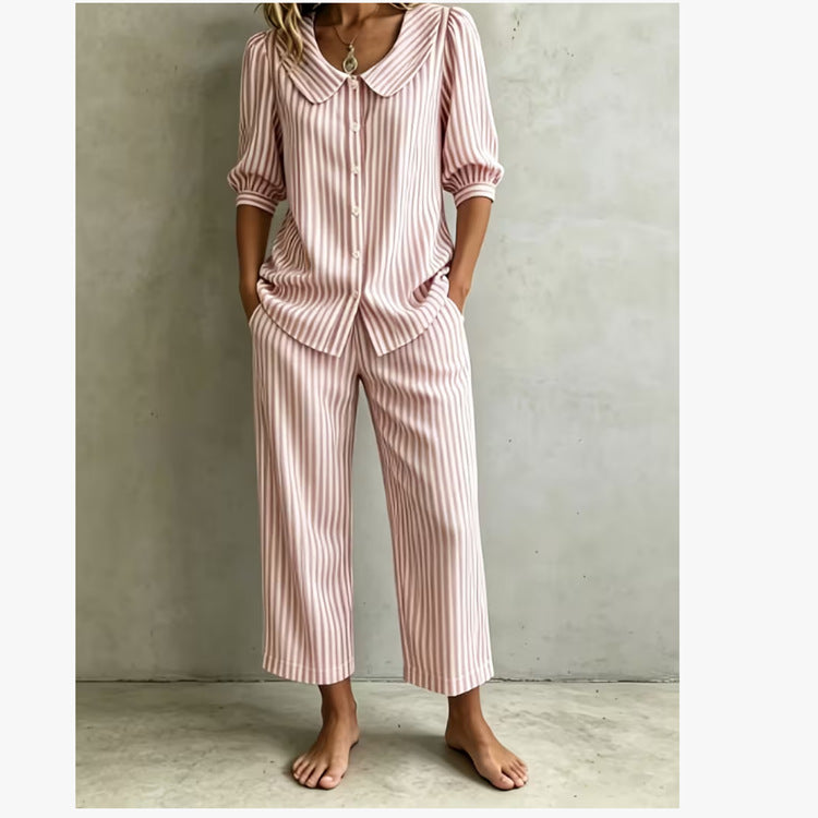 New Design Linen Striped Loose-fitting Shirt Set by Ricaloux