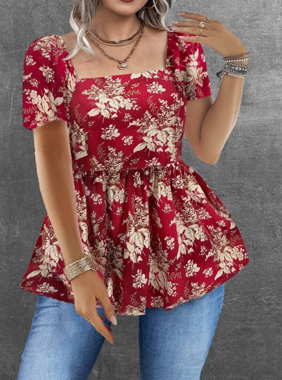 Womens Casual Short Square-neck Floral Top – Premium 0 | RICALOUX