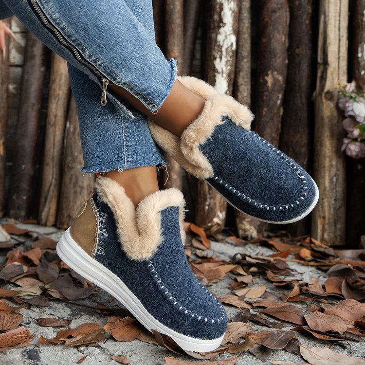 Fleece-lined Thick Plush Boots Warm Sewing Flat Cotton Shoes Winter Ankle Boot - RICALOUX