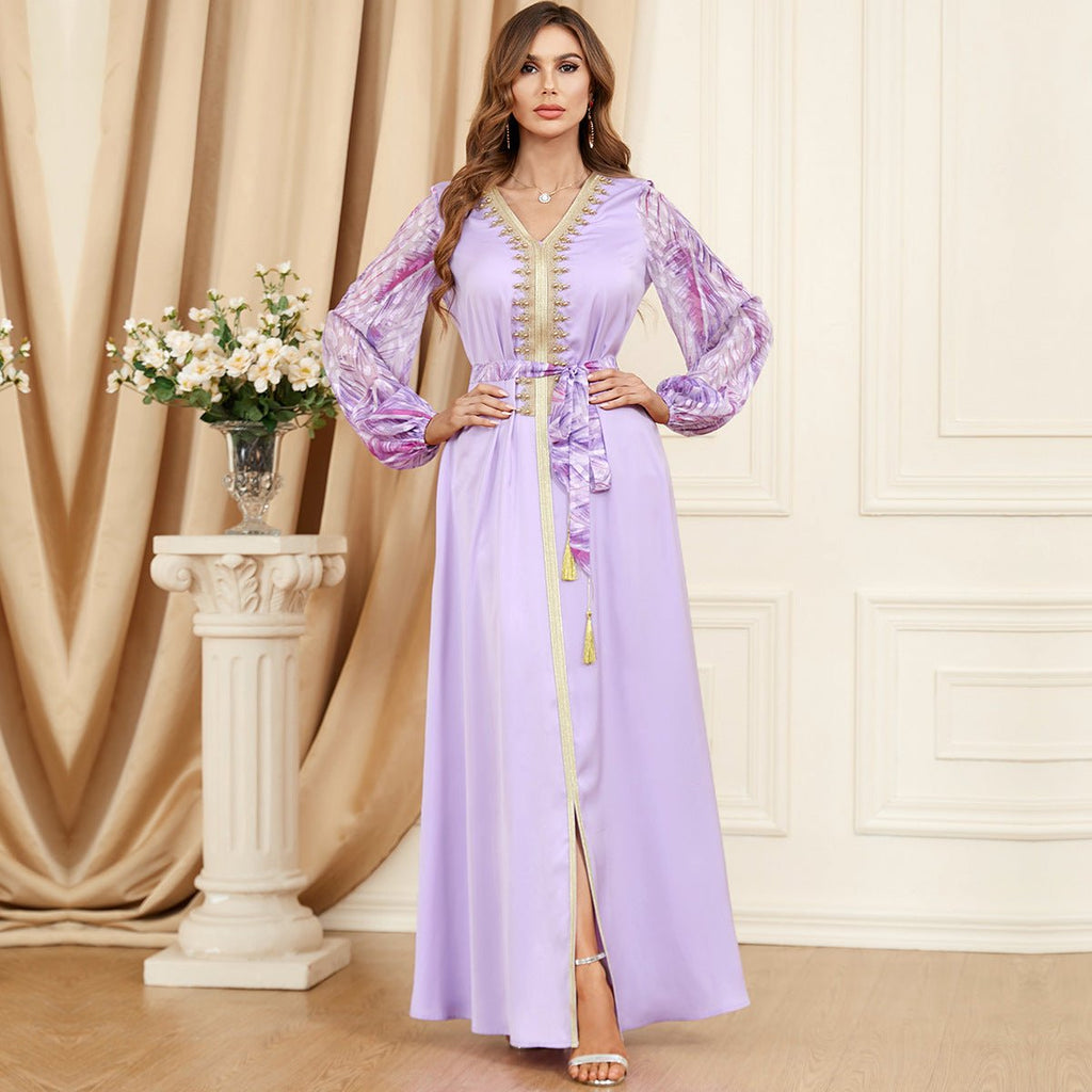Patchwork Puff Sleeve Long Sleeve Arabic Dress - RICALOUX
