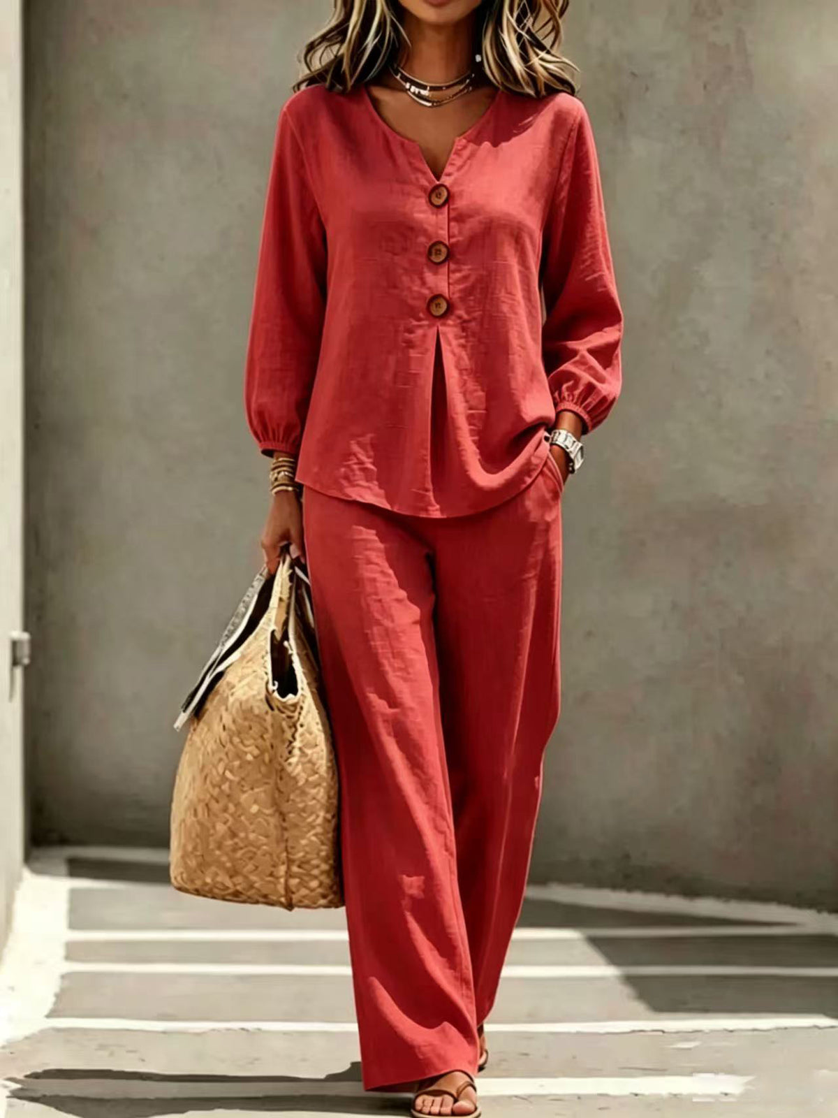 Women's New Casual Two-piece Top With V-neck Long Sleeved Pants – Premium 0 | RICALOUX