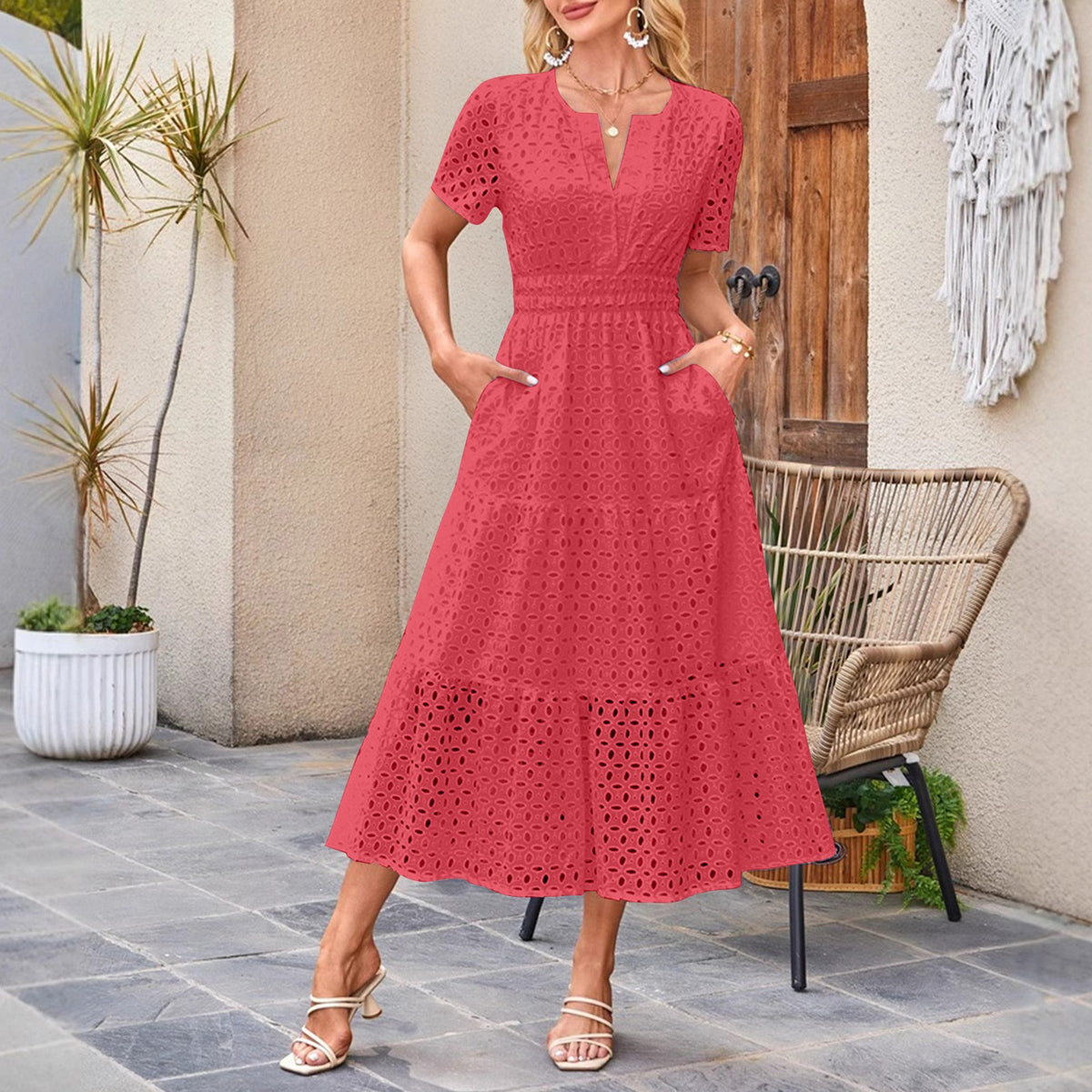 Womens Short-Sleeve V-Neck Hollow-Out Dress by Ricaloux