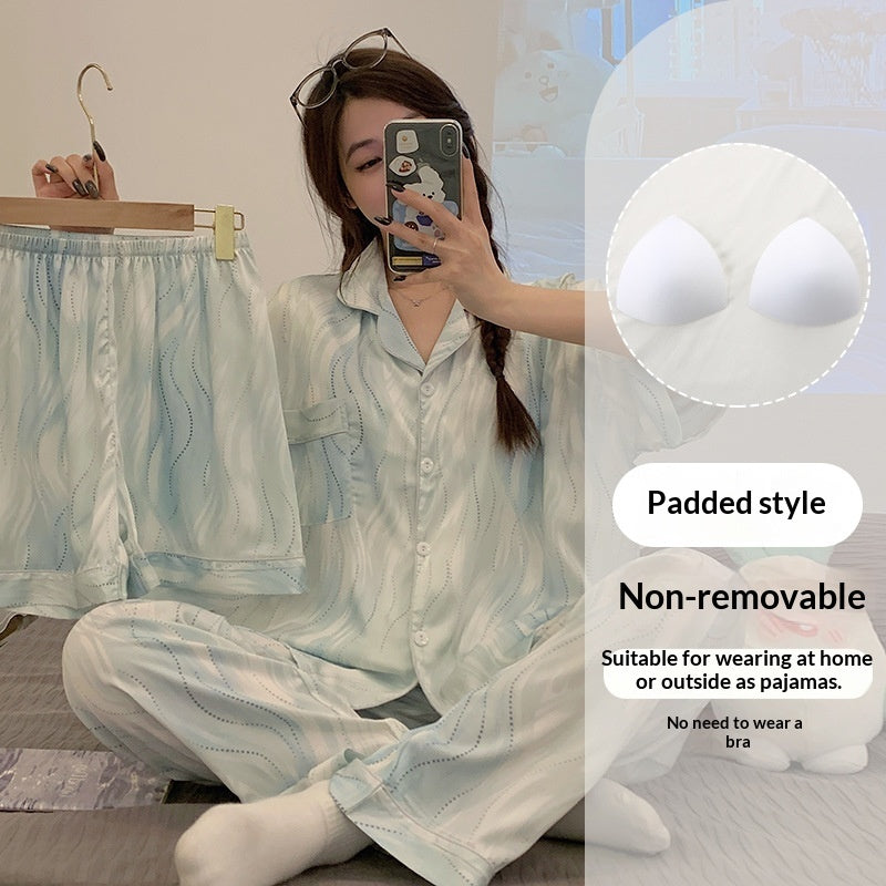 Womens Summer High-End Ice Silk Short-Sleeve Pajama Set 3 Pieces by Ricaloux