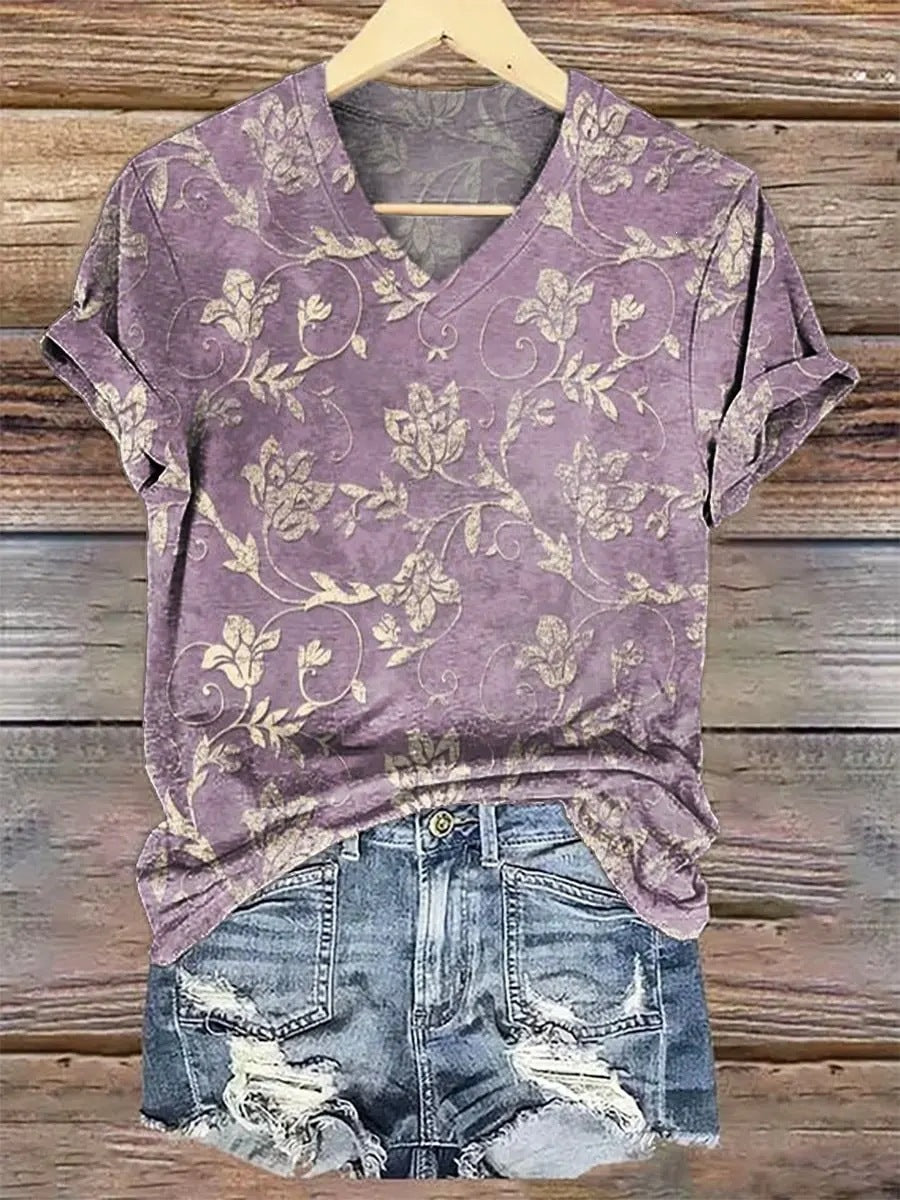 Womens Fashionable Loose-fit Casual V-neck Short-sleeve Top by Ricaloux