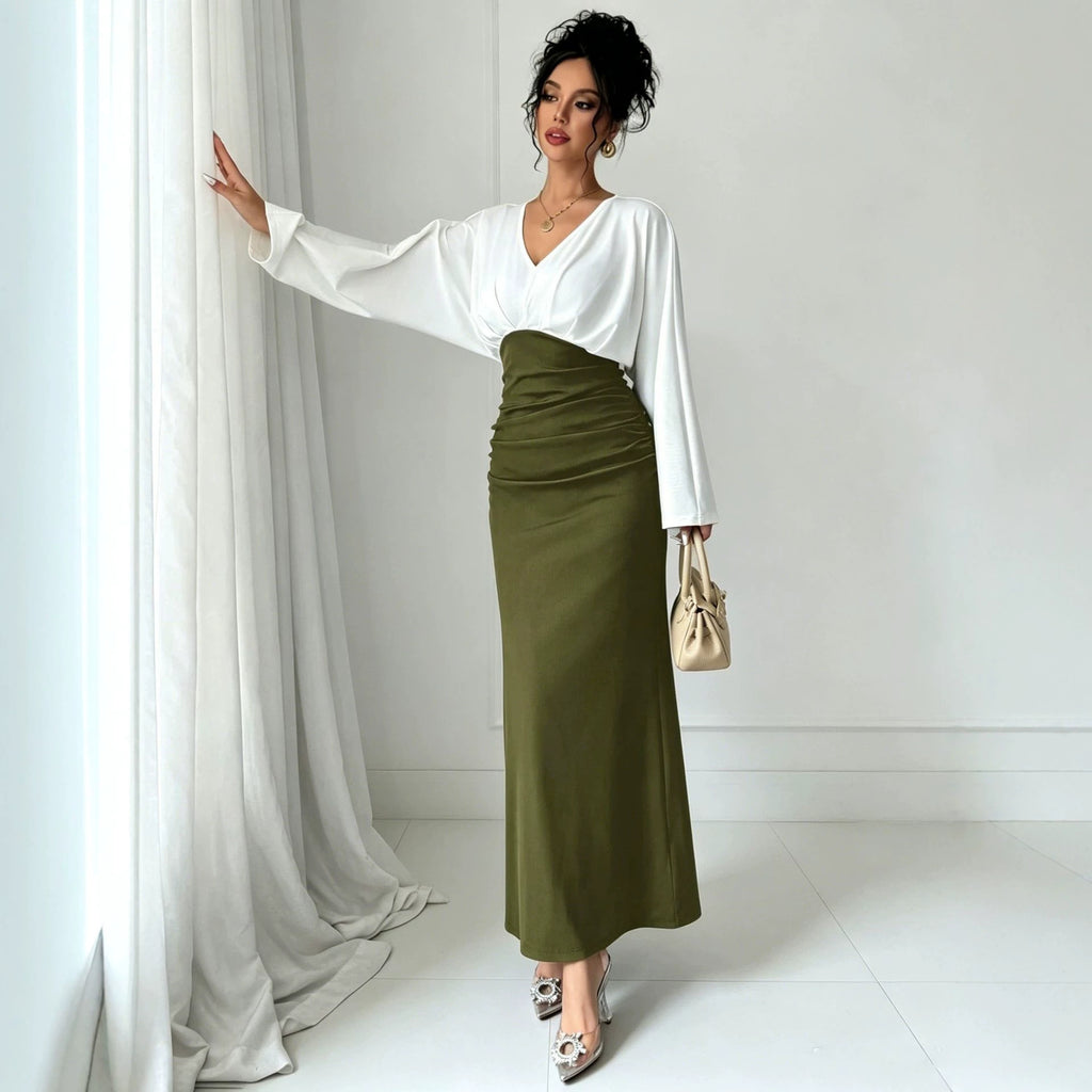 Womens Solid-Color Patchwork Long-Sleeve Slim-Fit Dress by Ricaloux