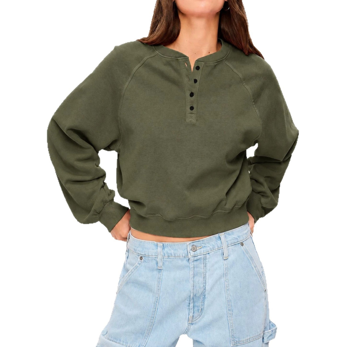 Womens Crew-neck Button-up Sweatshirt Loose-fit Casual Cropped Top by Ricaloux
