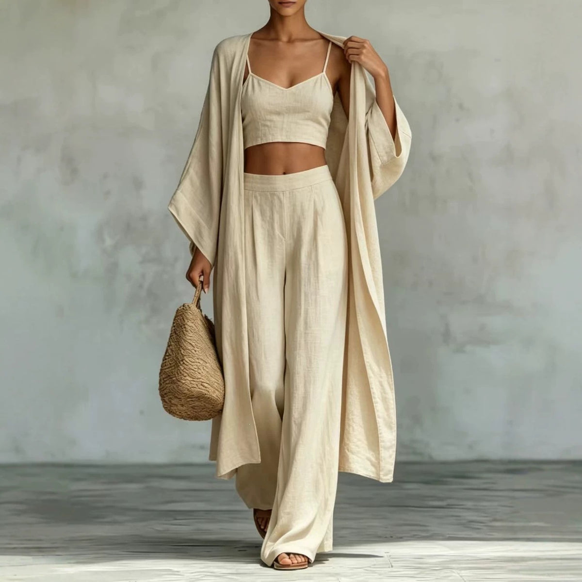 Cardigan Camisole High Waisted Wide Leg Pants Three Piece Set by Ricaloux