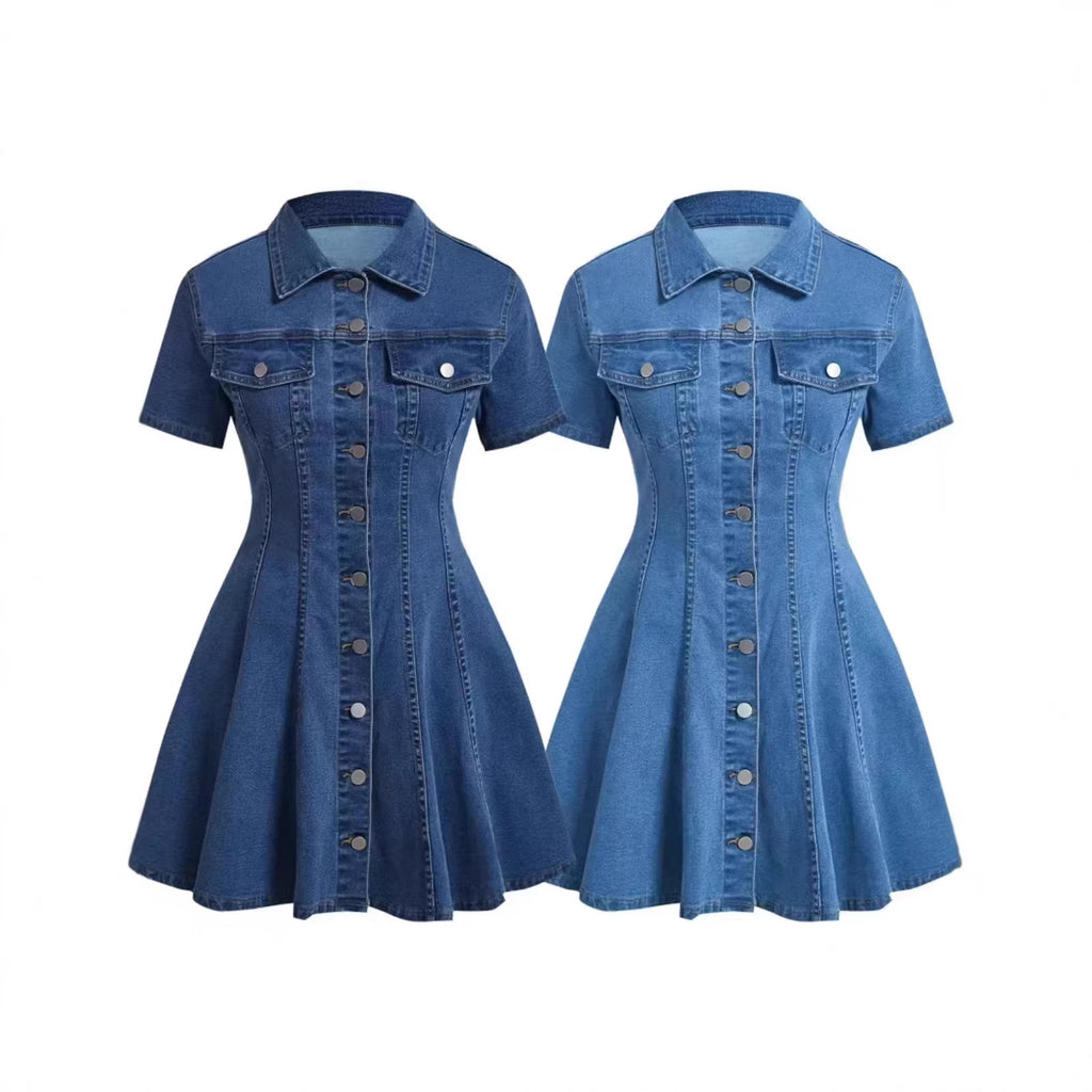 Denim Short-sleeve Cardigan Waist-cinching Dress – Premium 0 | RICALOUX