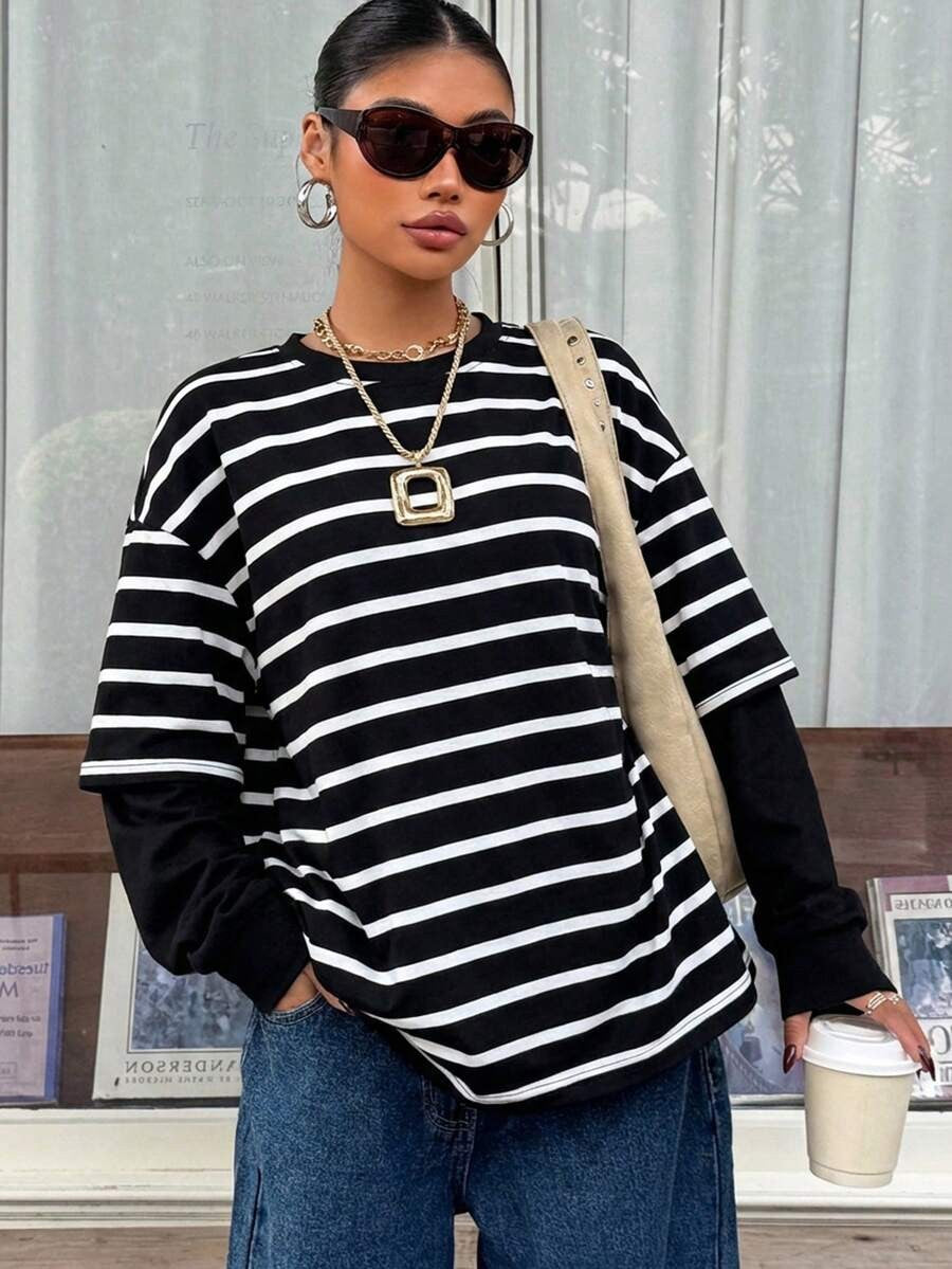 Womens Round-neck Striped Loose-fit Mock Two-piece Hoodie – Premium 0 | RICALOUX