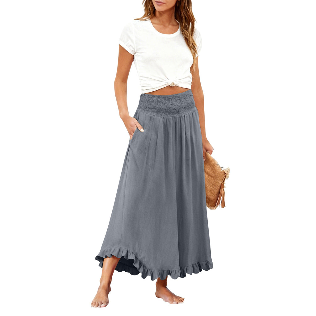 High-waisted Elastic-waist Long Skirt With Ruffled Hem by Ricaloux