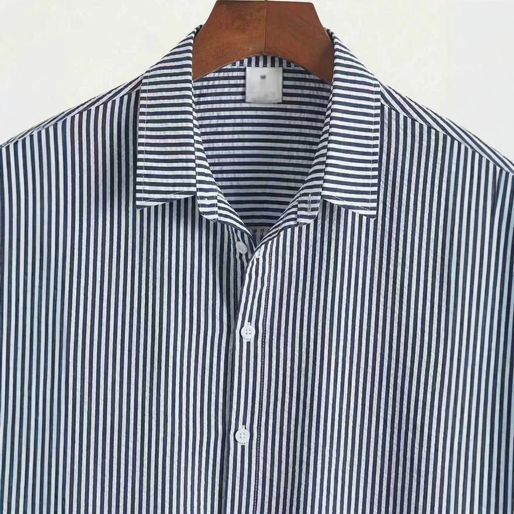 Mens Striped Short-sleeve Loose-fit Casual Shirt by Ricaloux