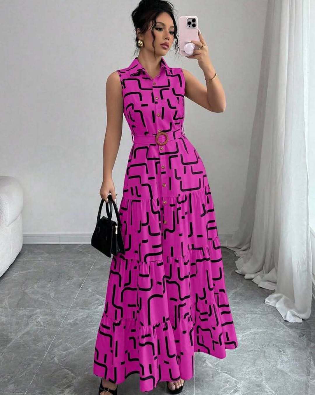 Printed-button Sleeveless Lace-up Shirt-collar Dress by Ricaloux