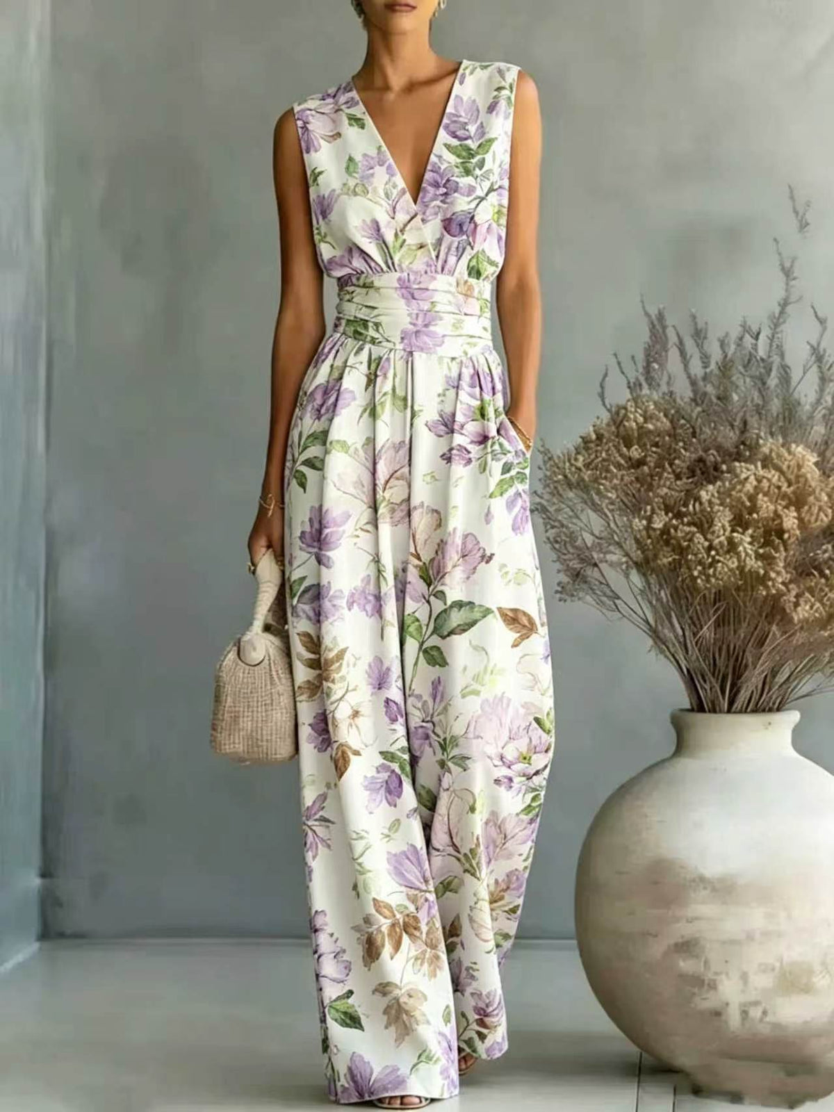 European And American-style Deep V-neck Sleeveless Printed Jumpsuit – Premium 0 | RICALOUX