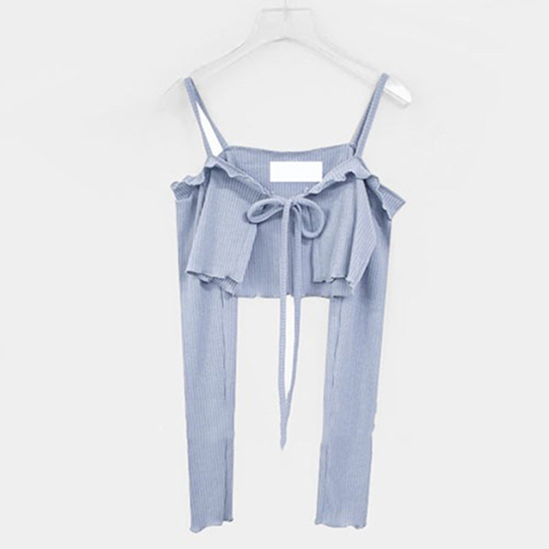 Off-Shoulder Slim-Fit Lace-Up Long-Sleeve Cardigan T-Shirt by Ricaloux