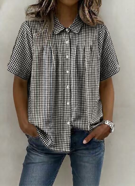 Womens Relaxed-fit Casual Lapel-neck Plaid Short-sleeve Shirt by Ricaloux