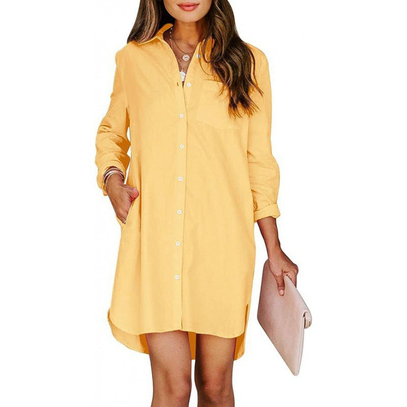 Pocketed Cotton-buttoned Belted Long-sleeved Solid-color High-low Blouse by Ricaloux