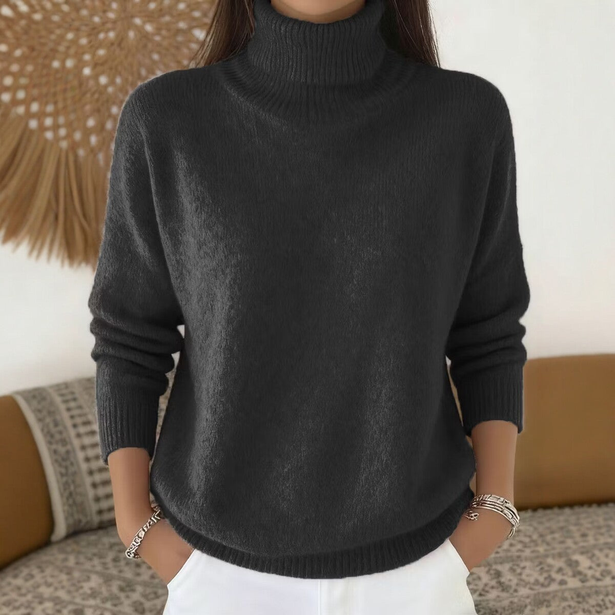 Womens Loose-fitting Solid-color Turtleneck Pullover Knit Sweater by Ricaloux