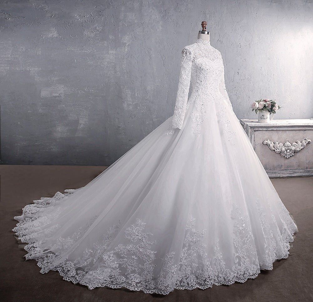Lace Wedding Dress Bridal Stand-up Collar Long-sleeved Large Tail Large Size - RICALOUX
