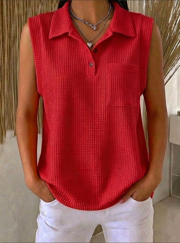 Womens Solid-color Knitted Polo-neck Sleeveless Shirt Vest – Premium 0 | RICALOUX