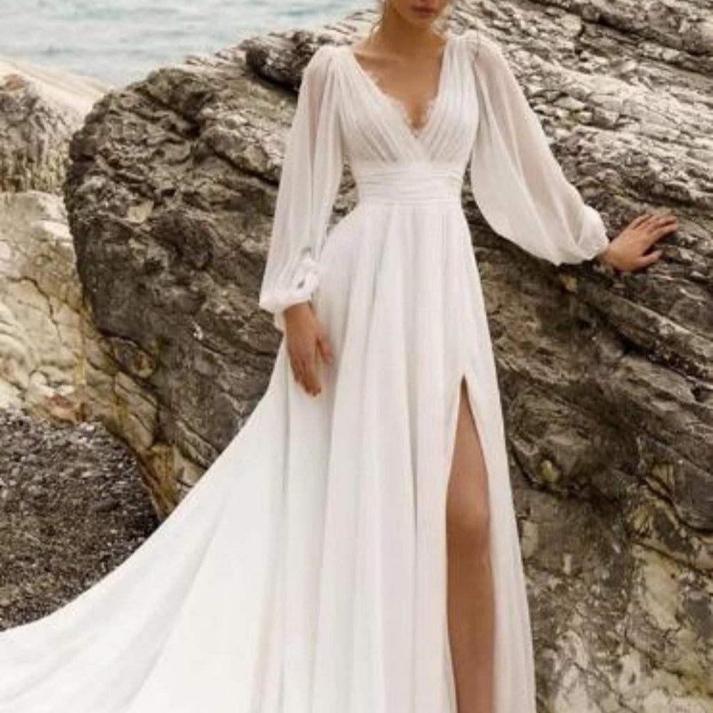 European And American High Waist Plus Size Deep V Long Sleeve Mopping Backless Wedding Dress High Slit - RICALOUX