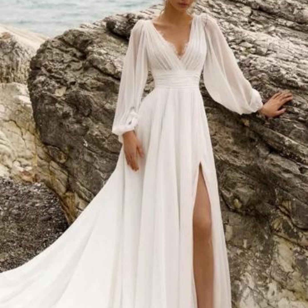 European And American High Waist Plus Size Deep V Long Sleeve Mopping Backless Wedding Dress High Slit - RICALOUX