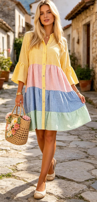 Color-block Plaid Patchwork Shirt Dress Loose-fitting With Flared Sleeves And A Tiered Cake Skirt by Ricaloux