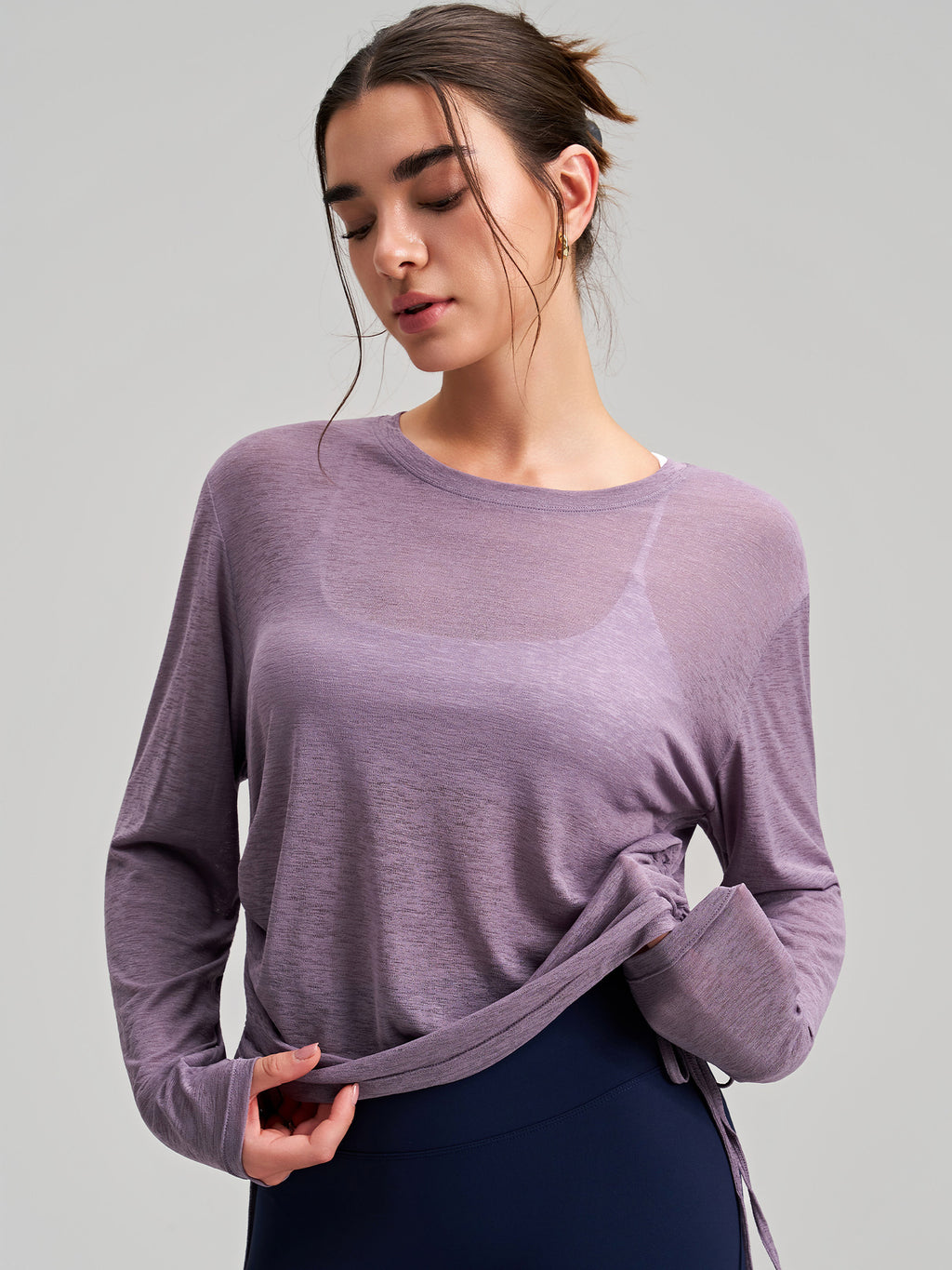 New Outerwear Crew Neck Yoga Cover-up Long-Sleeve Hip-Covering Side Drawstring T-Shirt, Loose Breathable Workout Running Yoga Top – Premium 4 | RICALOUX