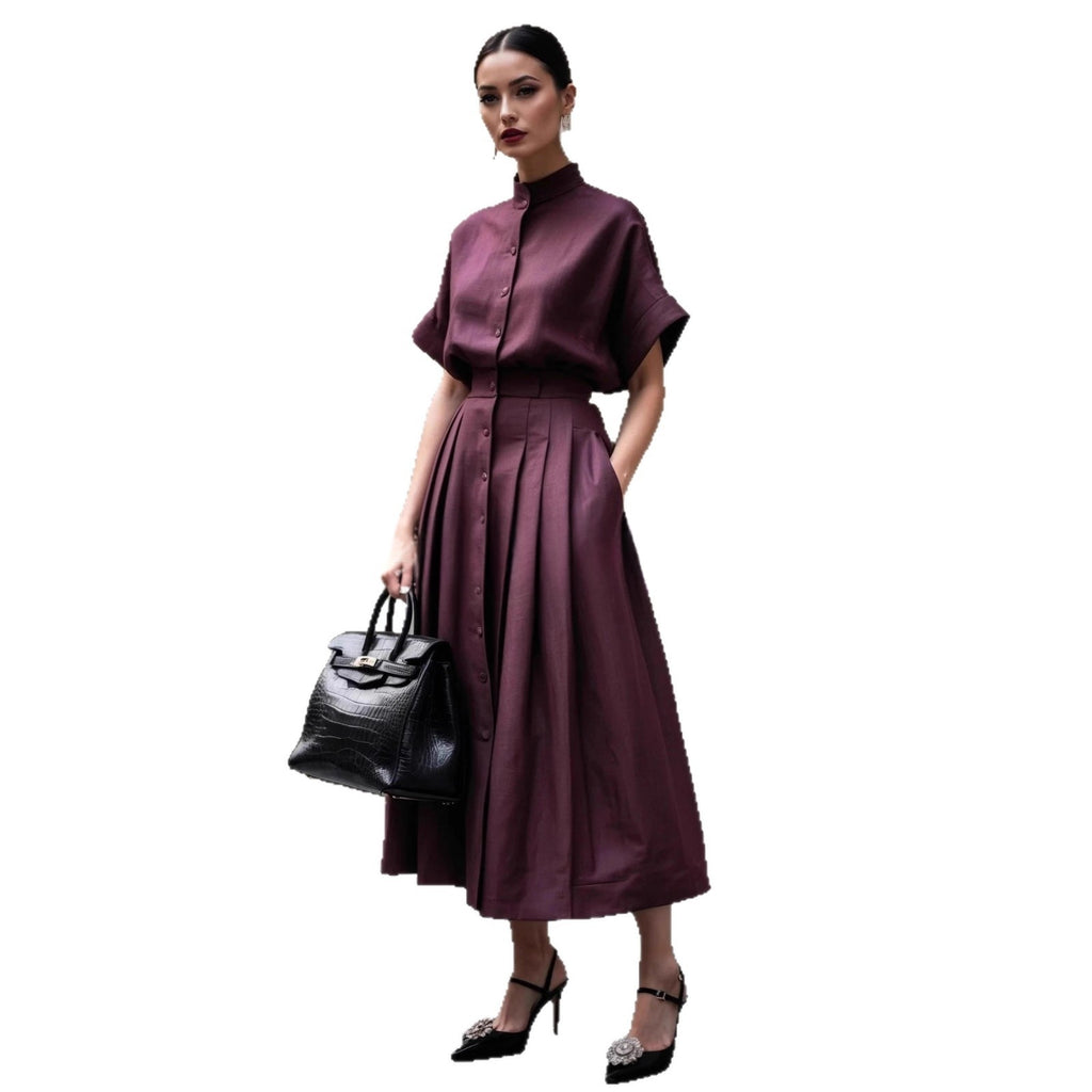 Solid-color Short-sleeve Turtleneck Top With Pleated Long Skirt by Ricaloux
