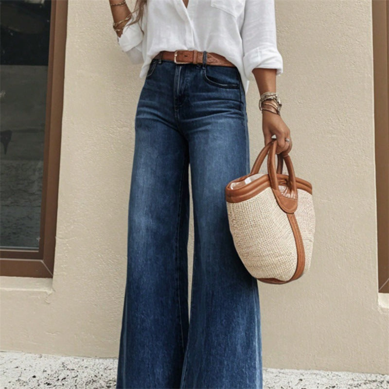 New American-style Loose-fitting High-waisted Figure-flattering Flared Wide-leg Denim Pants That Drag On The Floor by Ricaloux