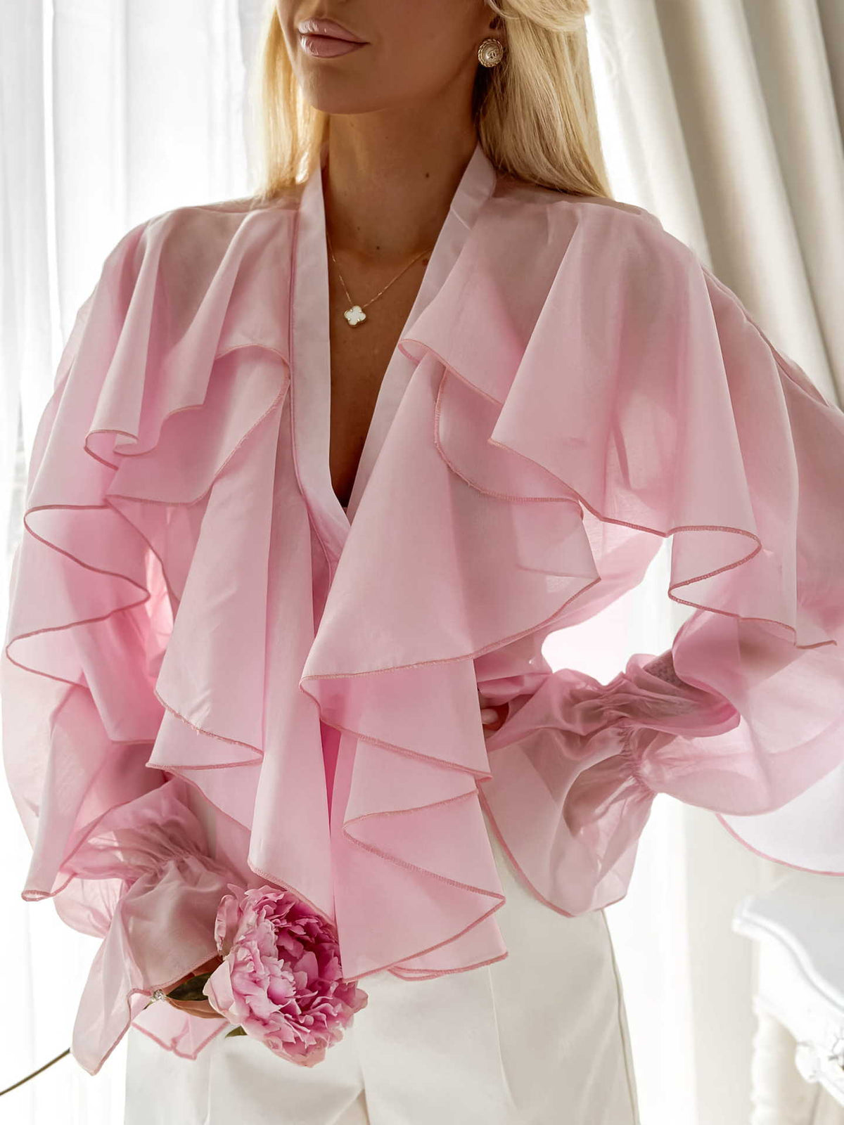 Ruffled Chiffon Blouse Womens Casual Top by Ricaloux