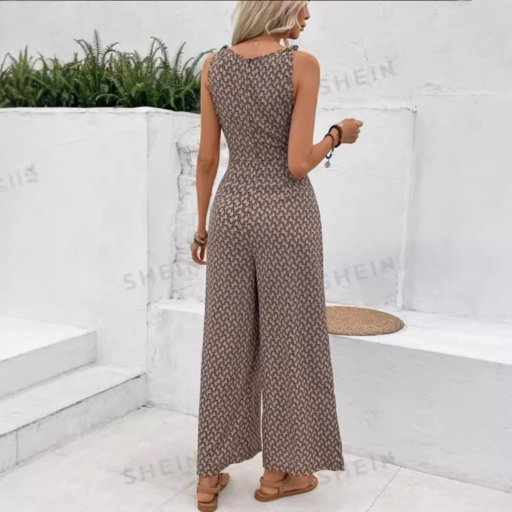 Womens Best-selling Waist-cinching Adjustable-lace-up Printed Jumpsuit by Ricaloux