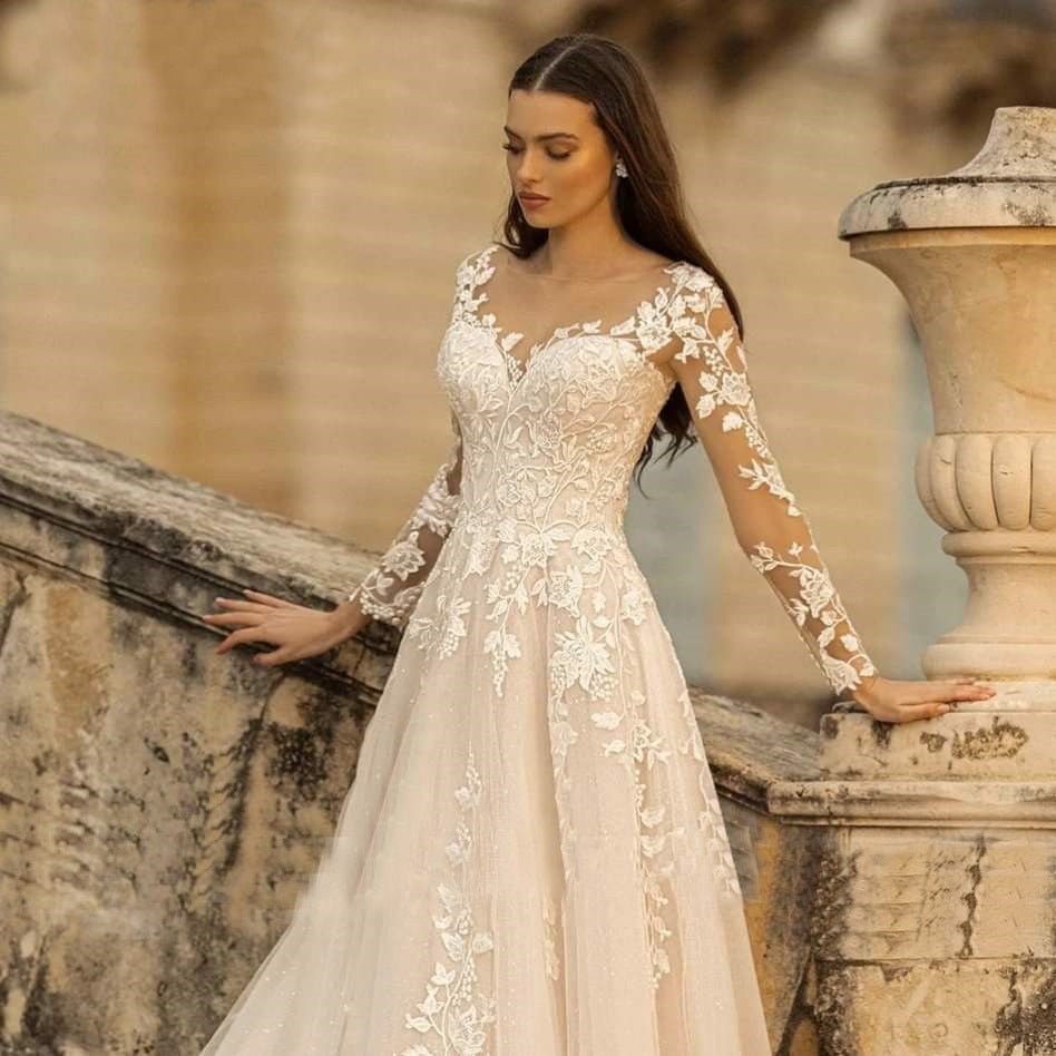 Long Sleeve Wedding Dress Mori Style Bridal Simple Round Neck - RICALOUX