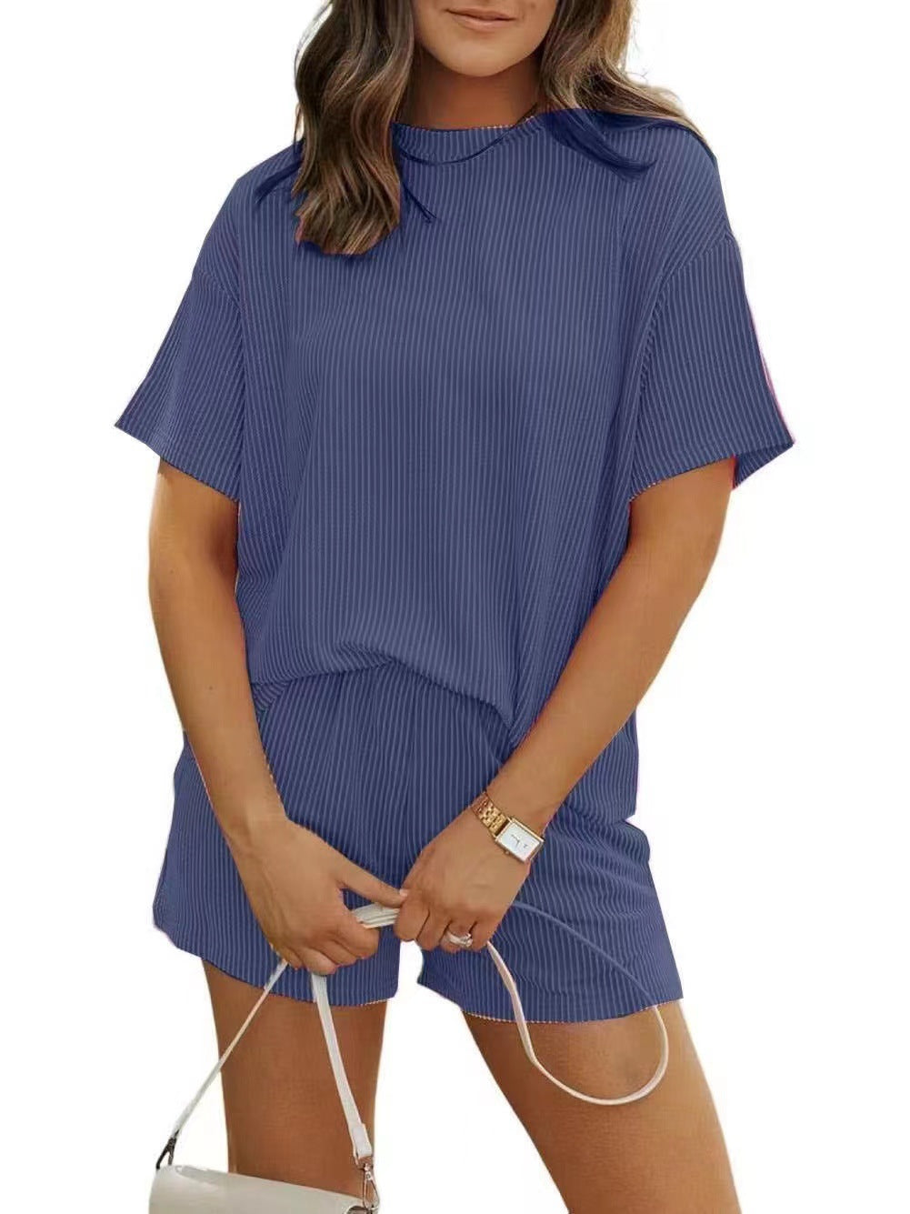 Summer Casual Chic Striped New Round-neck Womens Outfit Set by Ricaloux