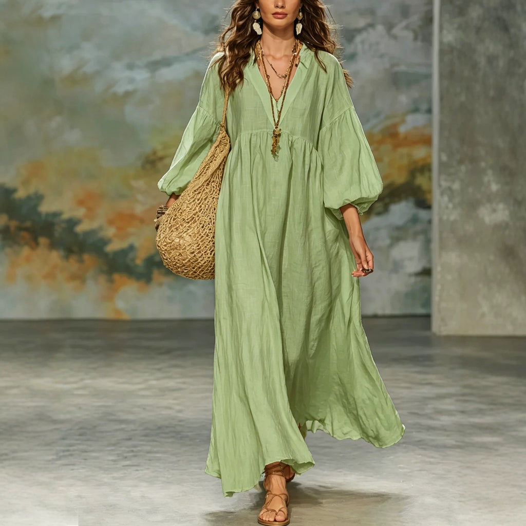 Deep-V Lantern-sleeve Loose-fit Flared Dress – Premium 0 | RICALOUX