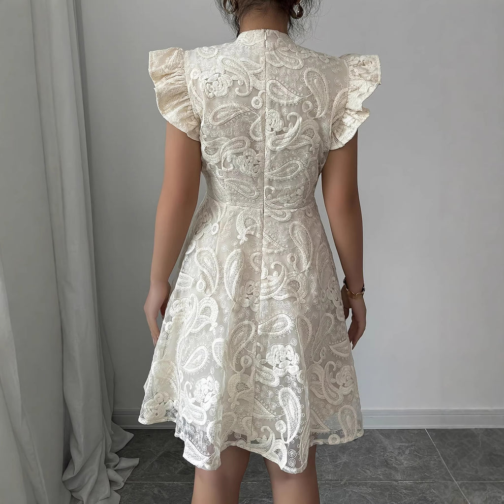 Lace Stand-collar Mini-sleeve Dress For Women by Ricaloux