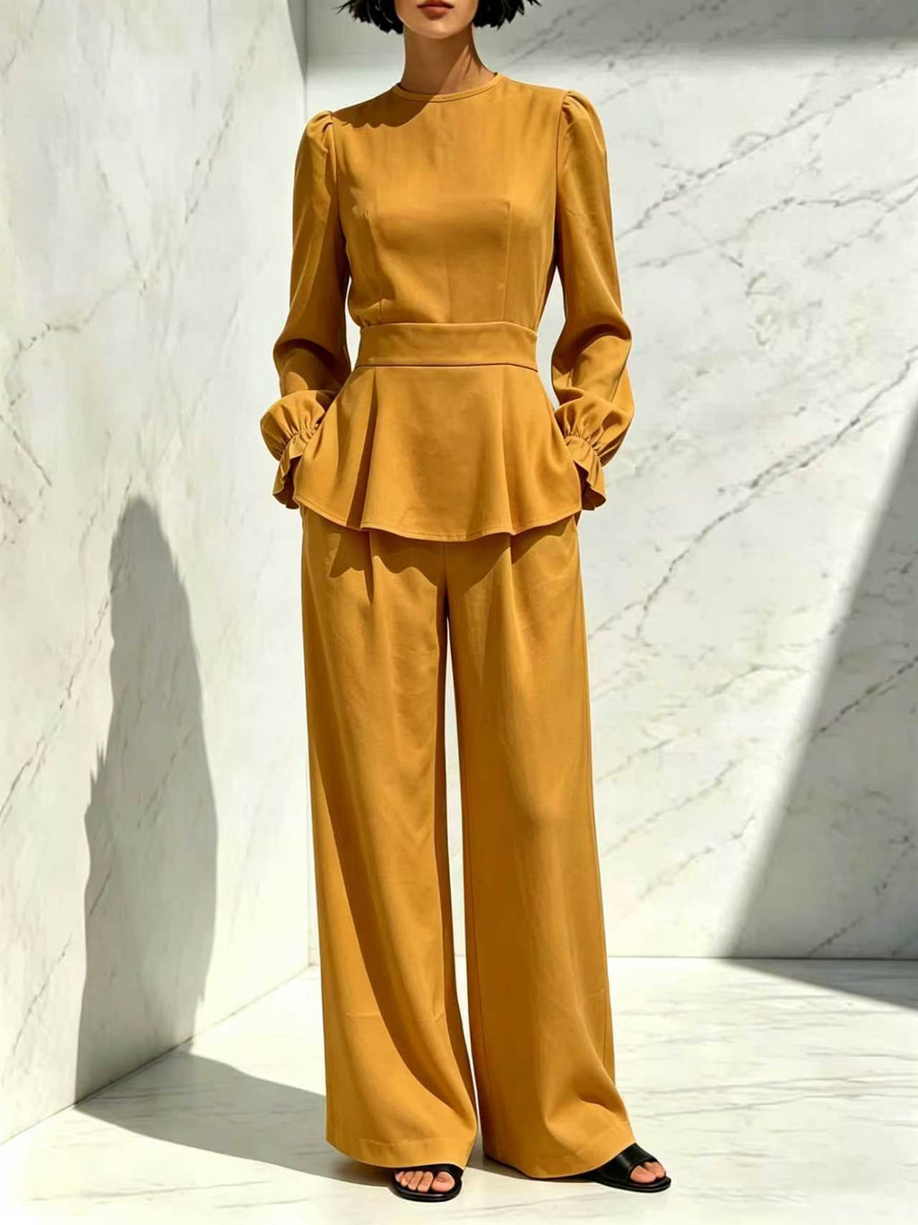 Fitted Waist Long-sleeve Pants Set by Ricaloux