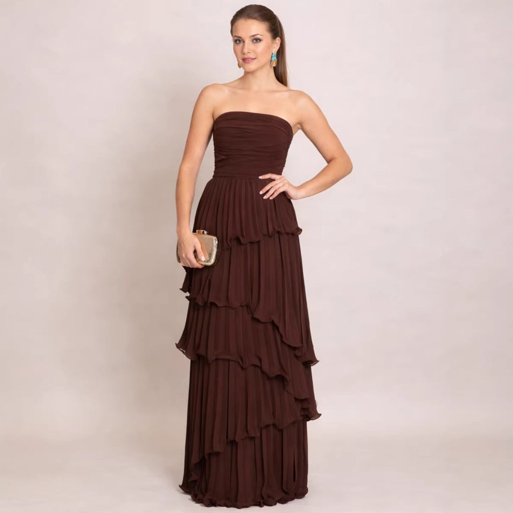 Solid-color Strapless Waist-cinching Tiered Pleated Dress by Ricaloux