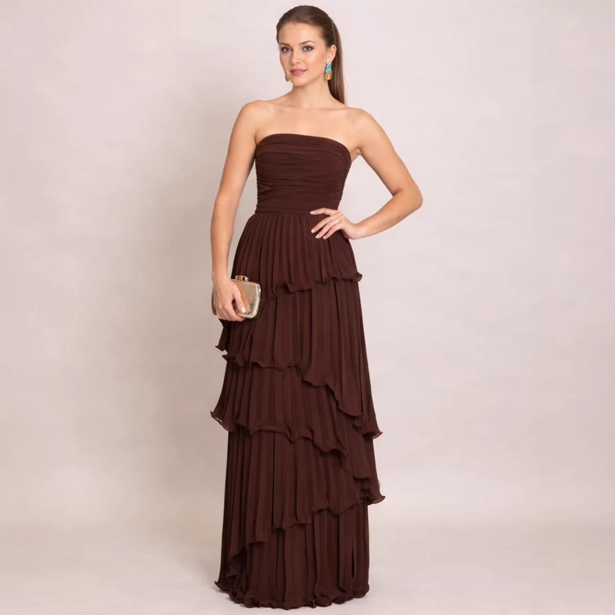 Solid-color Strapless Waist-cinching Tiered Pleated Dress by Ricaloux