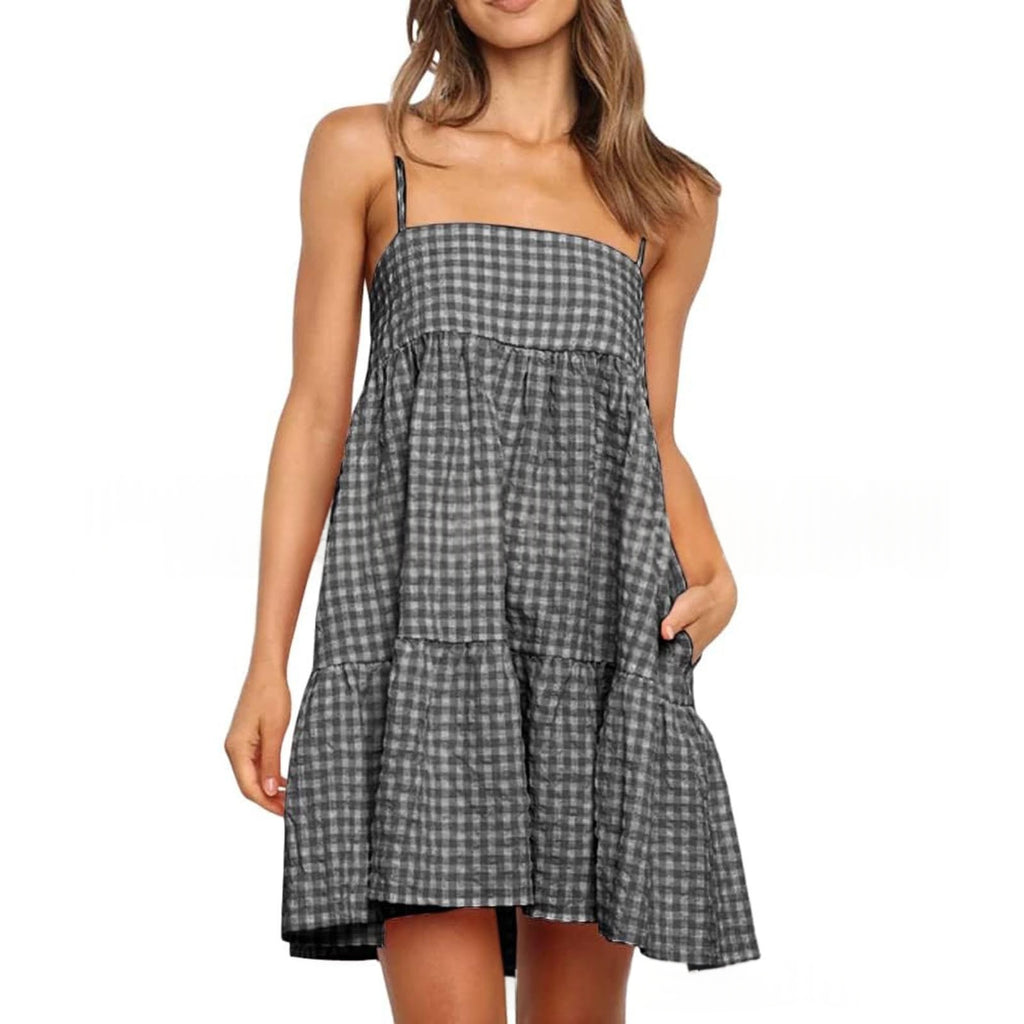 Casual Mini Dress With Shoulder Strap Ruffles And Side Pockets by Ricaloux
