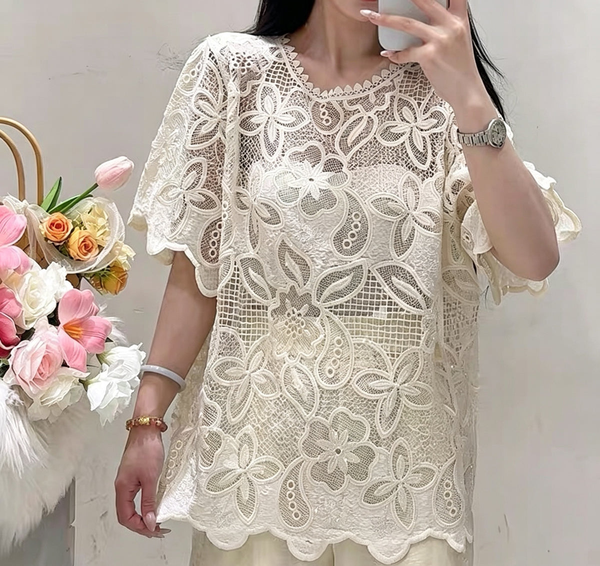 Design-focused Round-neck Lace Chanel-style Womens Top by Ricaloux