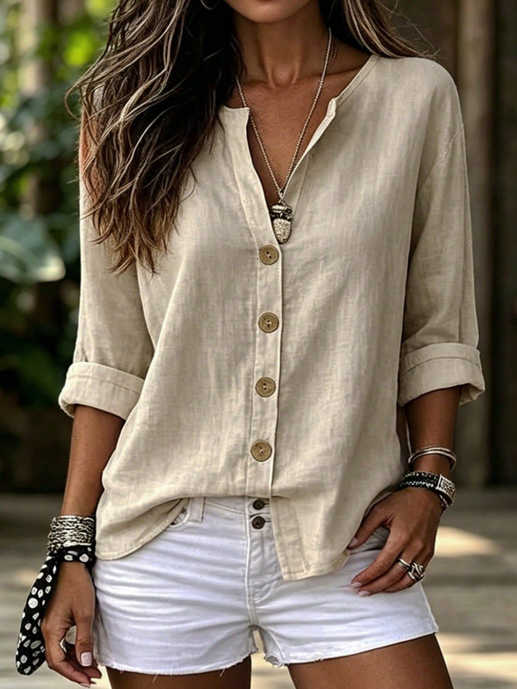 Womens V-neck Cotton-Linen Button-Down T-shirt Top – Premium 0 | RICALOUX