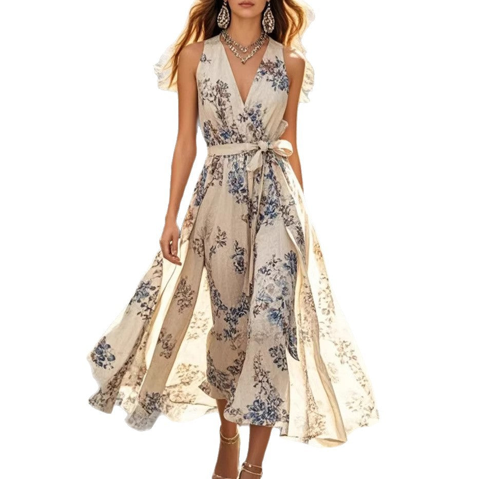 Womens Summer Printed LaceUp WaistSlimming Resort Dress – Premium 0 | RICALOUX