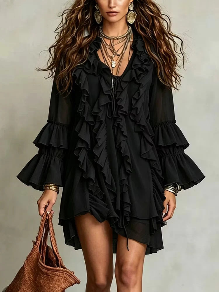 V-neck Ruffled Flared-sleeve Chiffon Dress by Ricaloux