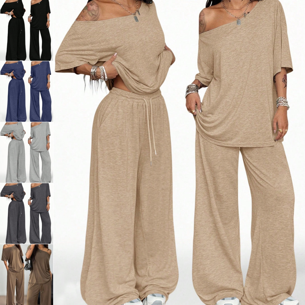 Casual 2 Pieces Set For Woman Two Piece Outfits Blusas T Shirt Tees Simple Style Homewear Loose Solid Color by Ricaloux
