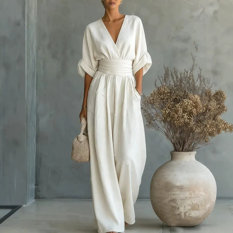 Summer Short-sleeved Jumpsuit Fashion Casual V-Neck Wide-Leg Pants Womens Clothing by Ricaloux