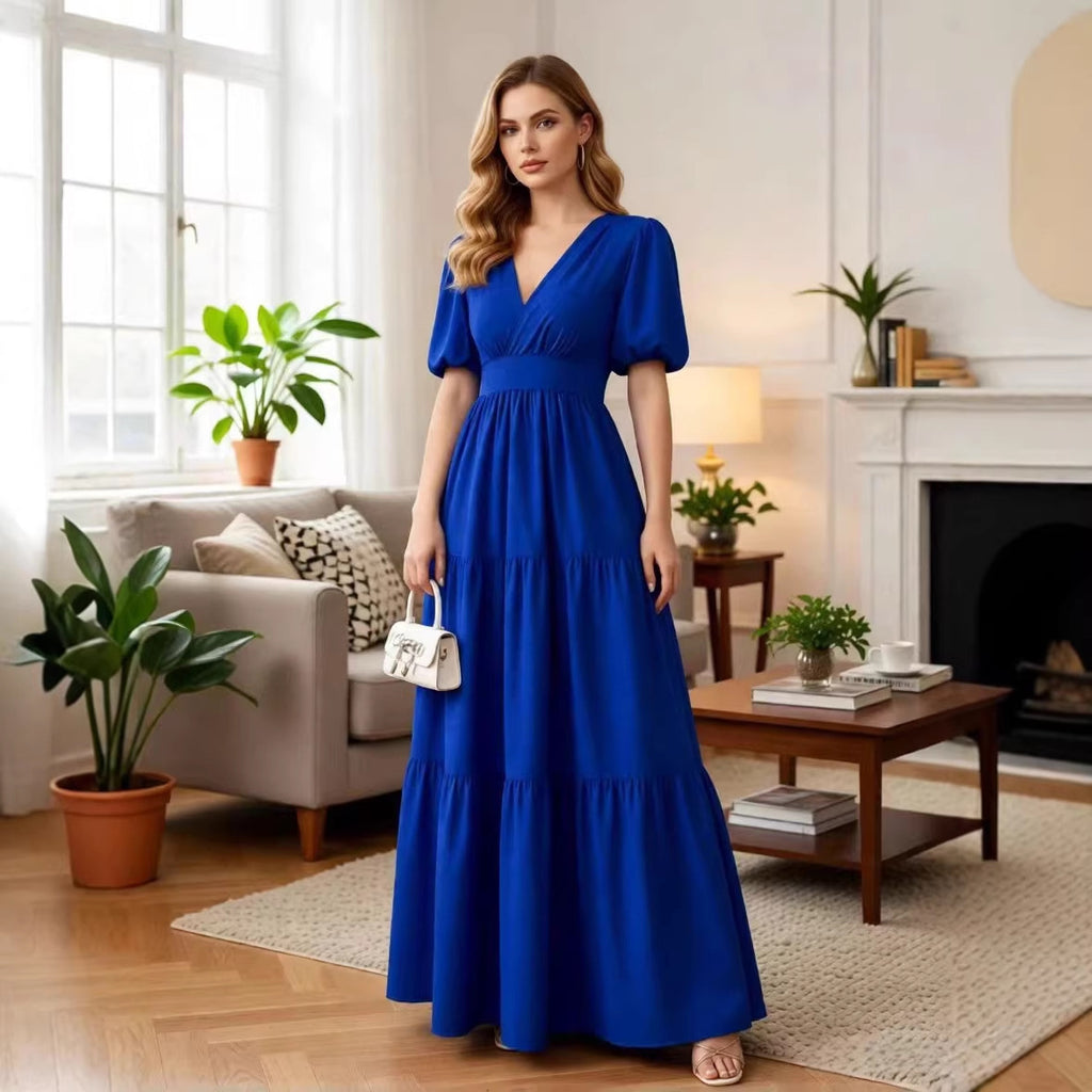 Solid-color Short-sleeve High-waisted Long Dress For Women by Ricaloux